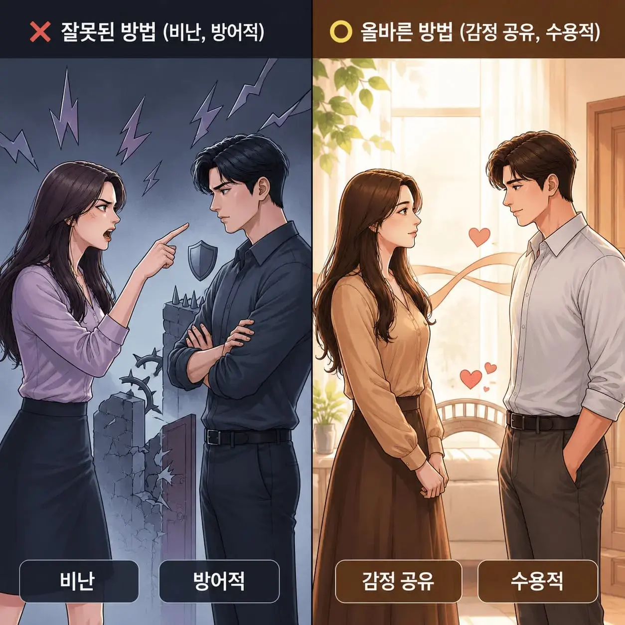 비난과 방어로 닫히는 대화와 감정 공유로 풀리는 소통 비교(I-Message, Communication)