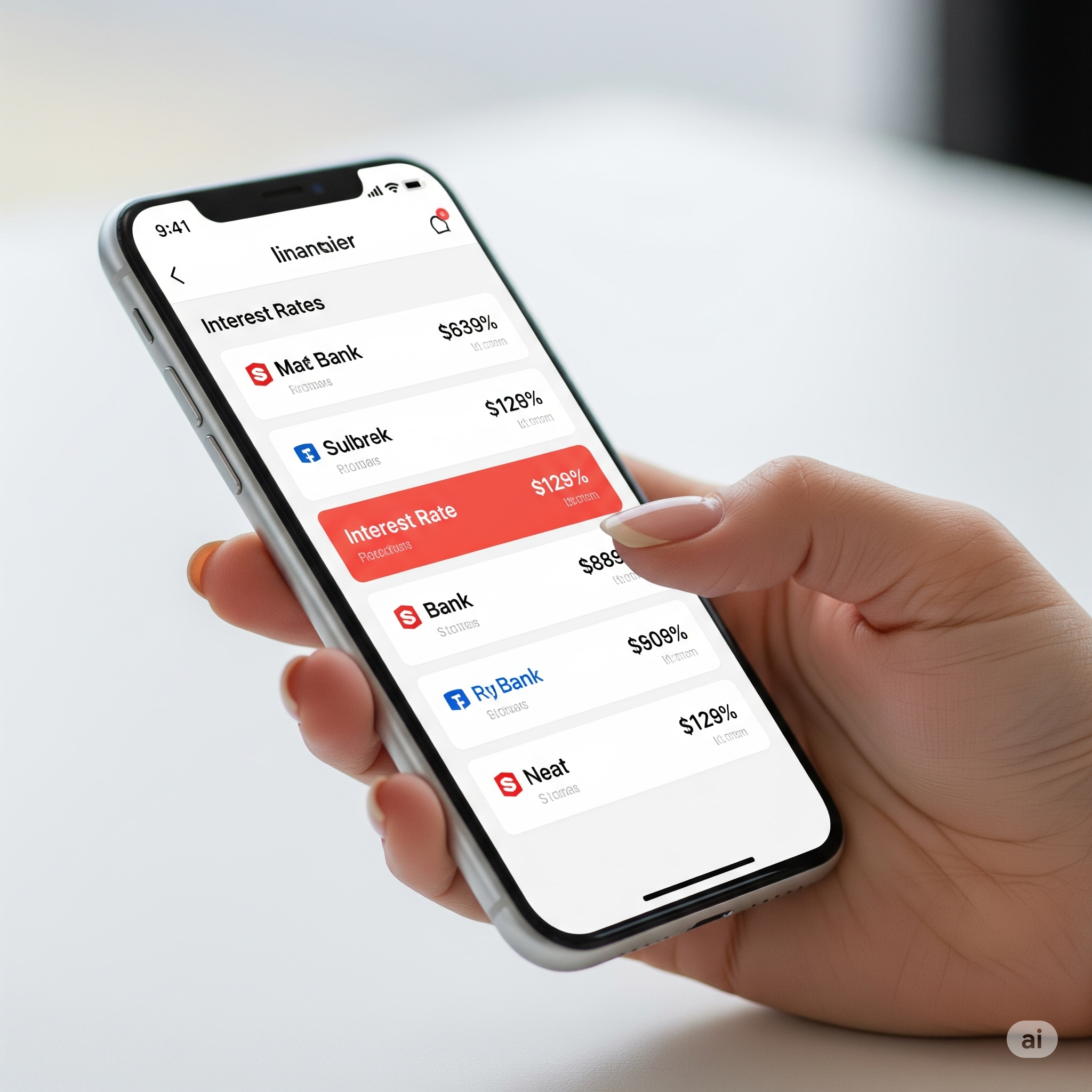 핀테크 앱에서 예금과 적금 금리를 비교하고 있는 스마트폰 화면