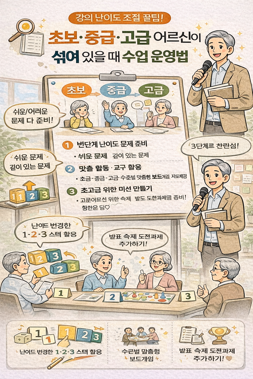 초보&middot;중급&middot;고급 어르신이 섞여 있을 때 수업 운영법