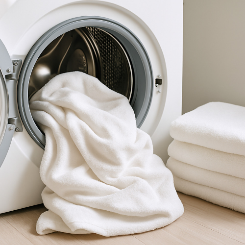 구연산으로 세탁기 청소 후 깨끗하게 세탁된 흰 수건과 드럼세탁기 이미지