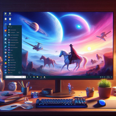 자연과 우주가 결합된 판타지적인 풍경이 펼쳐진 화면