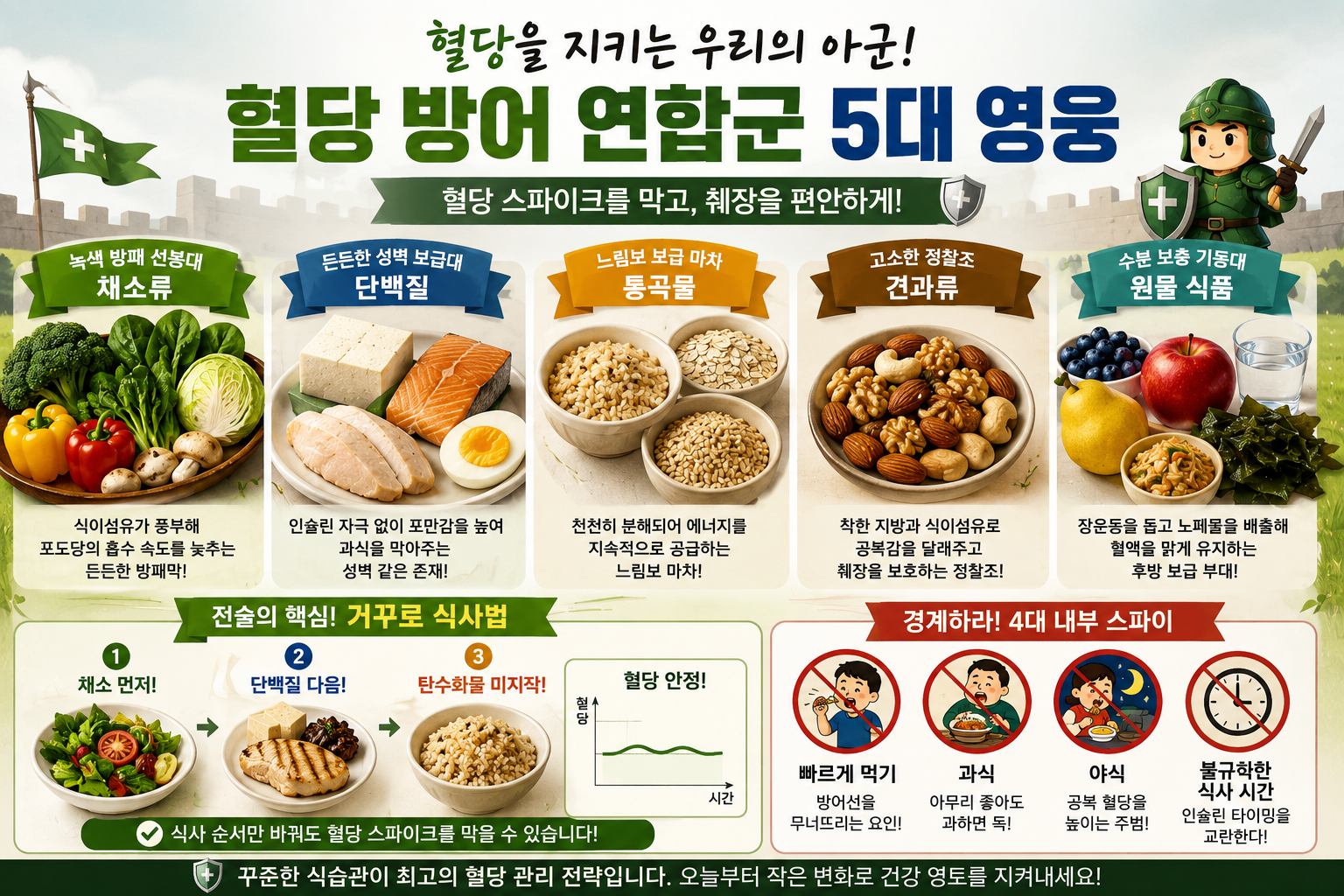 혈당 관리에 도움이 되는 채소, 계란, 생선, 견과류, 통곡물 건강 식단