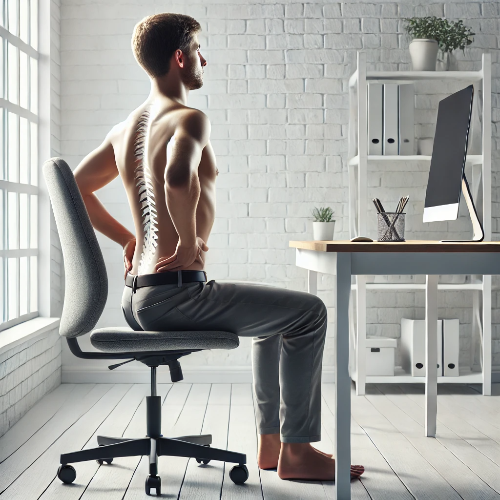 옆모습으로 바른 자세로 앉아 있는 사람, 척추 건강을 위한 올바른 자세