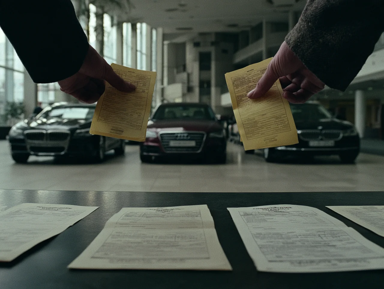 First-time buyer compares three German sedans and price sheets for 2026 첫 외제차 추천 브랜드 in a bright showroom.
