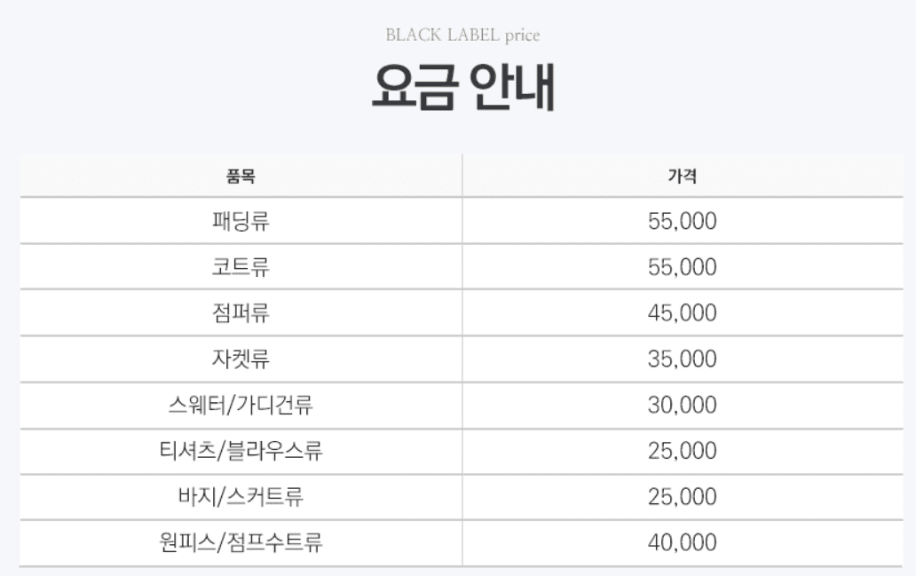 크린토피아-명품의류-세탁가격-표