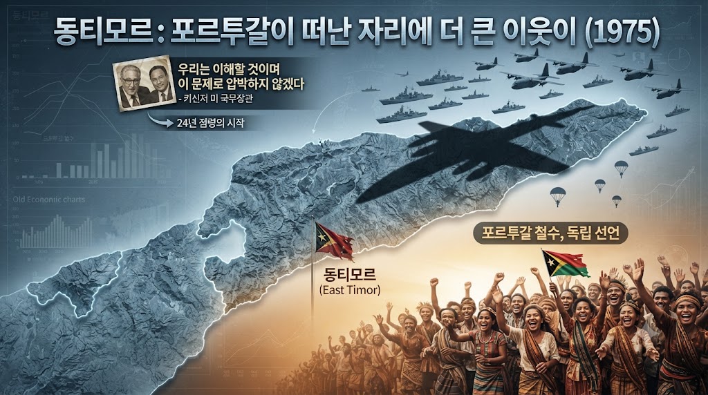 1974년 포르투갈 혁명으로 동티모르에 권력 공백이 생기자 독립을 선언했지만, 9일 뒤 인도네시아군이 침공했습니다. 이 과정에서 최소 10만 명 이상의 분쟁 관련 사망자가 발생했습니다. 냉전 논리 아래 묵인된 24년 점령기의 아픈 역사를 조명합니다.