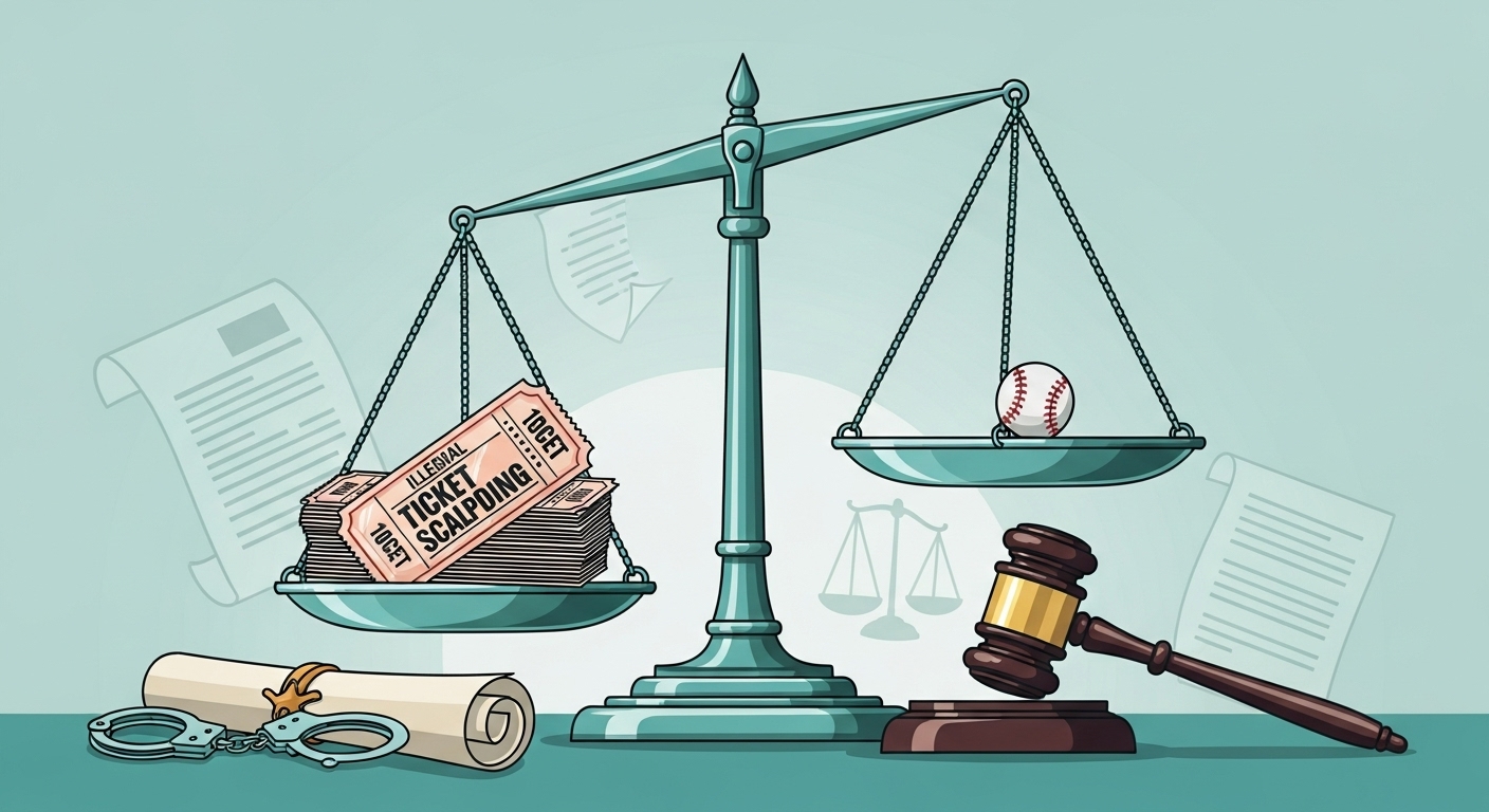 야구 티켓 암표에 대한 법적 처벌을 상징하는 저울과 법봉 이미지