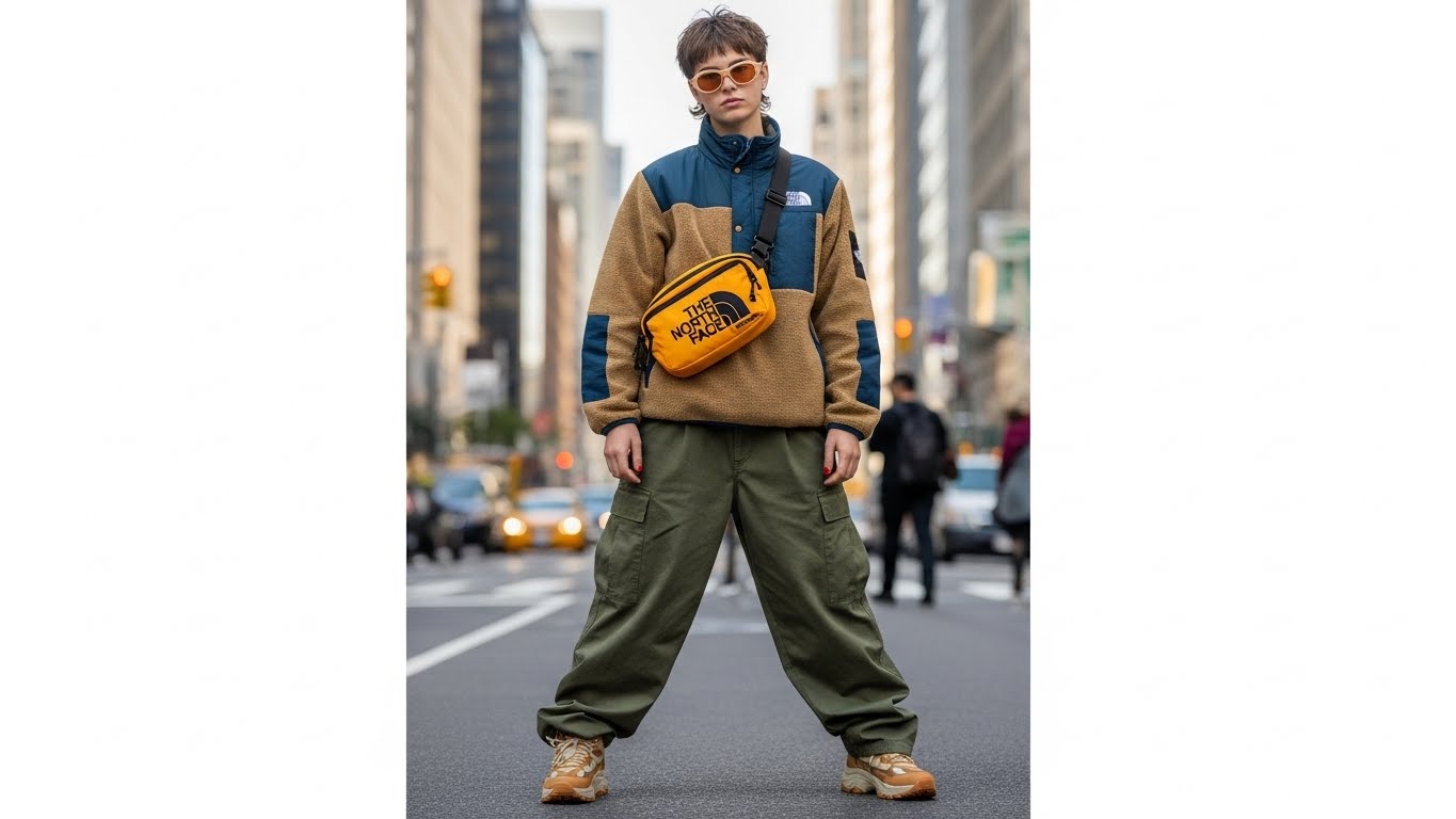 고프코어 스타일 의상을 입고 노스페이스 네버스탑 가방을 착용한 모델의 세련된 모습