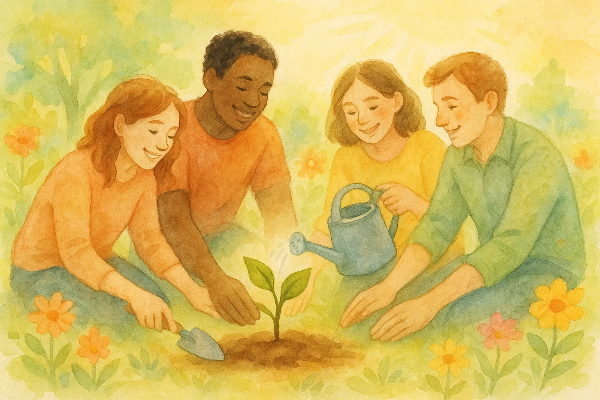 회복을 상징하는 작은 식물을 함께 심고 물을 주며 웃고 있는 사람들, 따뜻한 햇살과 꽃들 속에서 서로를 지지하는 장면
