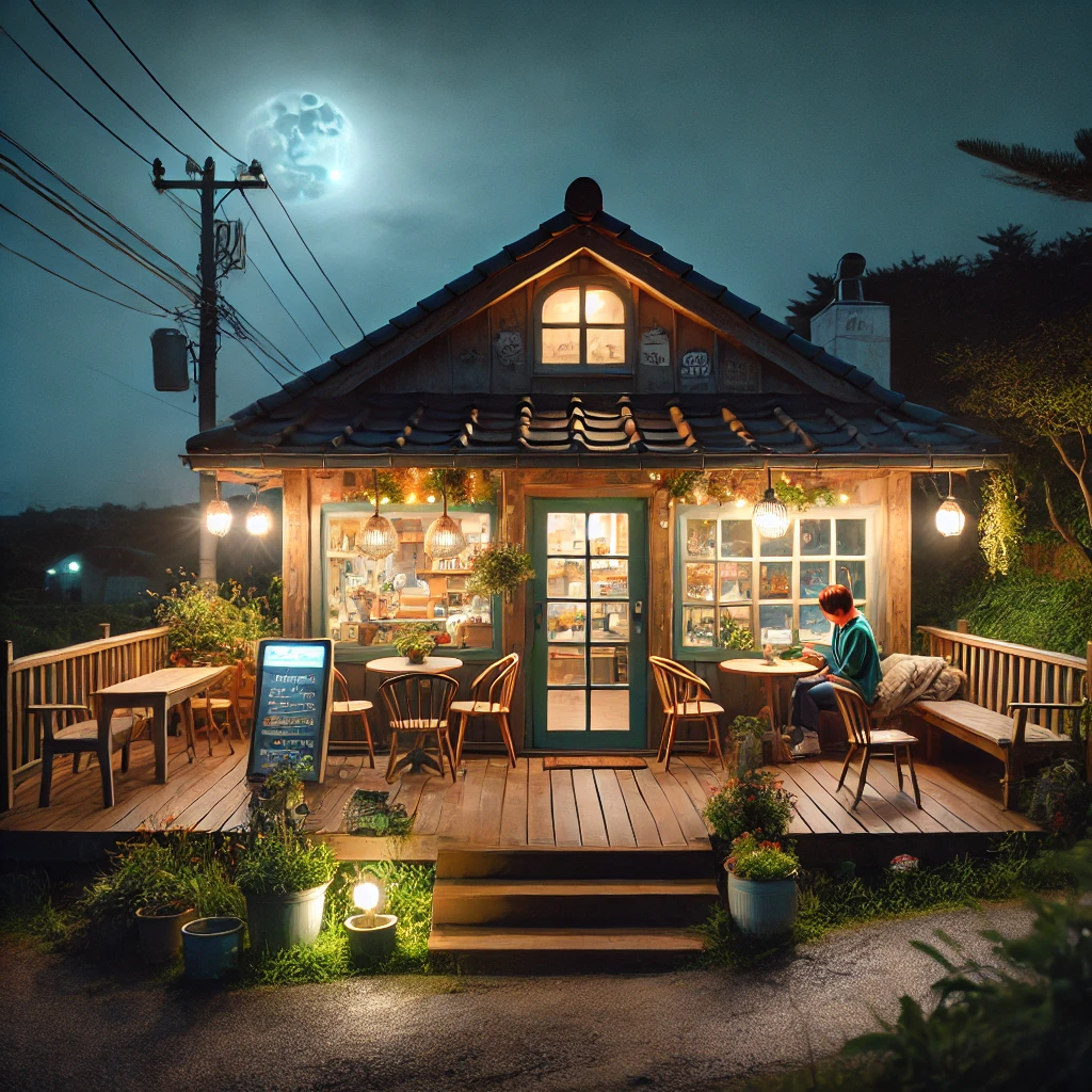 제주도의 아담하고 매력적인 야간 카페, 목재 현관과 꽃으로 장식된 입구, 평화로운 시골 분위기 속에서 손님들이 밤의 고요함을 즐기며 대화하는 장면
