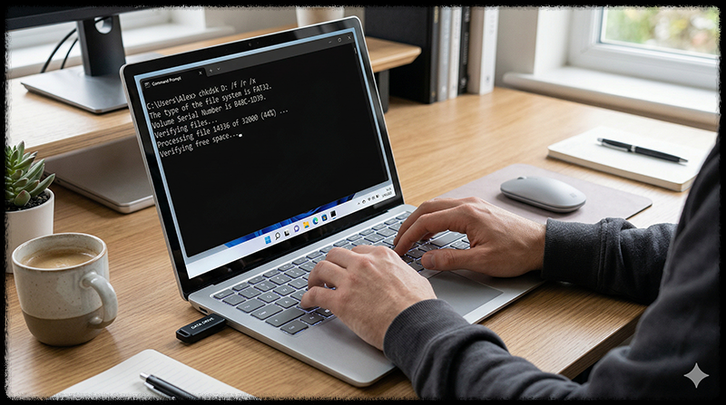 명령 프롬프트에서 chkdsk 명령어로 USB 복구하는 모습