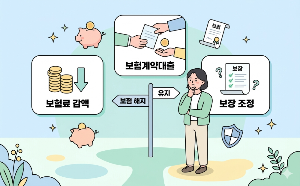 alt="보험 해지 전 보험료 감액과 보험계약대출 및 보장 조정 등 대안을 비교하는 금융 정보 이미지"
