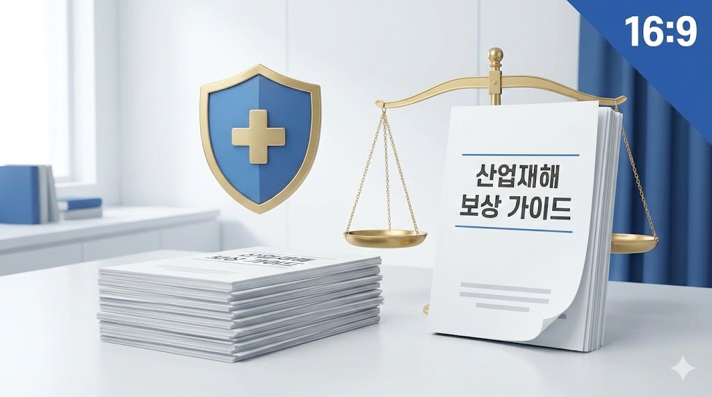 산재 보상 권리와 법적 보호를 상징하는 비즈니스 서류와 판사 저울 이미지