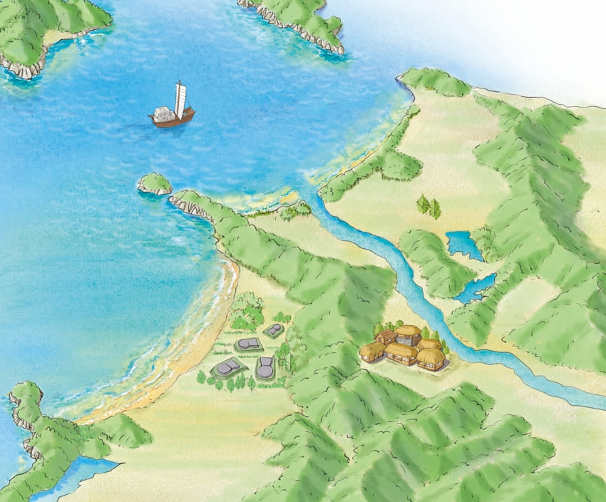 거친 바다를 뚫고 오키노시마를 지나 일본으로 향하는 가야 돛단배. 당시 교역의 역사적 가치를 상징적으로 보여줍니다.