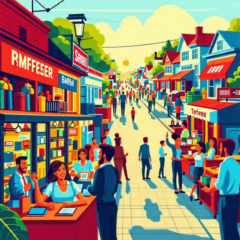 소상공인들의 매출 증대, 고용 창출, 지역 경제 활성화 등 긍정적인 경제 효과를 나타내는 이미지