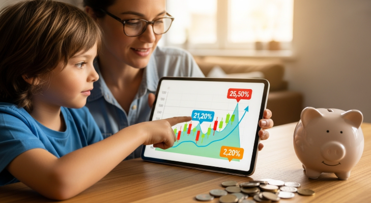 부모와 함께 태블릿으로 주식 차트를 보며 저축의 중요성과 투자 개념을 배우는 아이의 모습. 옆에는 동전이 가득한 돼지 저금통이 놓여 있다.