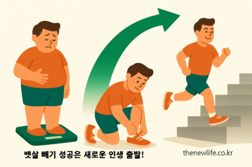 체중계 위의 뚱뚱한 남성이 운동화를 묶고 계단을 오르며 점차 건강한 모습으로 변화하는 장면 – 뱃살 빼기 성공은 새로운 인생 출발을 의미합니다.