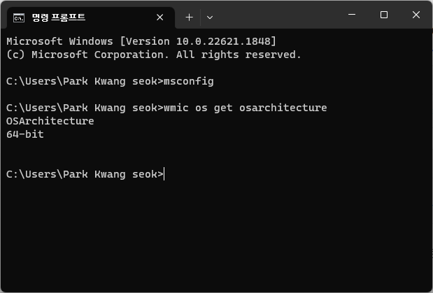 명령 프롬프트(CMD) 창에서 비트 확인 하는 방법
