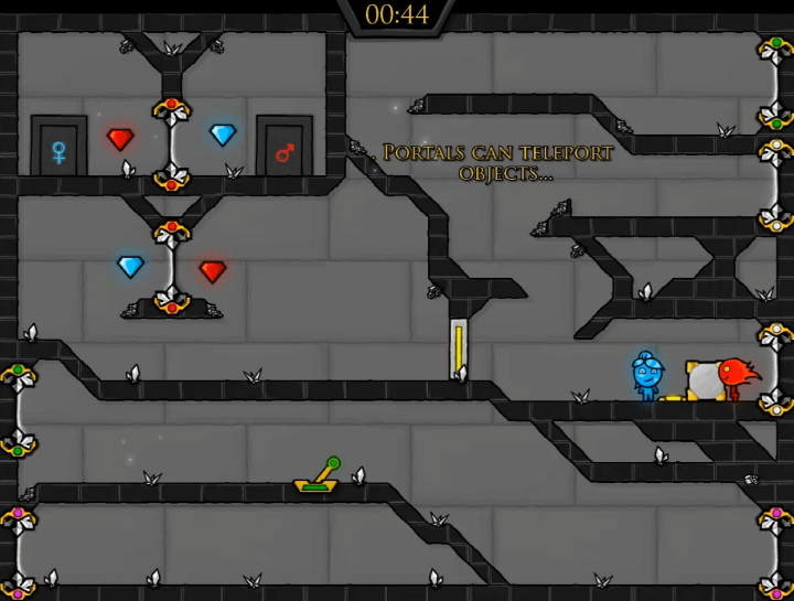 물불게임-2인용-게임하기-4-크리스탈템플-플레이-불소년이-박스를-밀어서-노란색-버튼을-고정시키는-화면