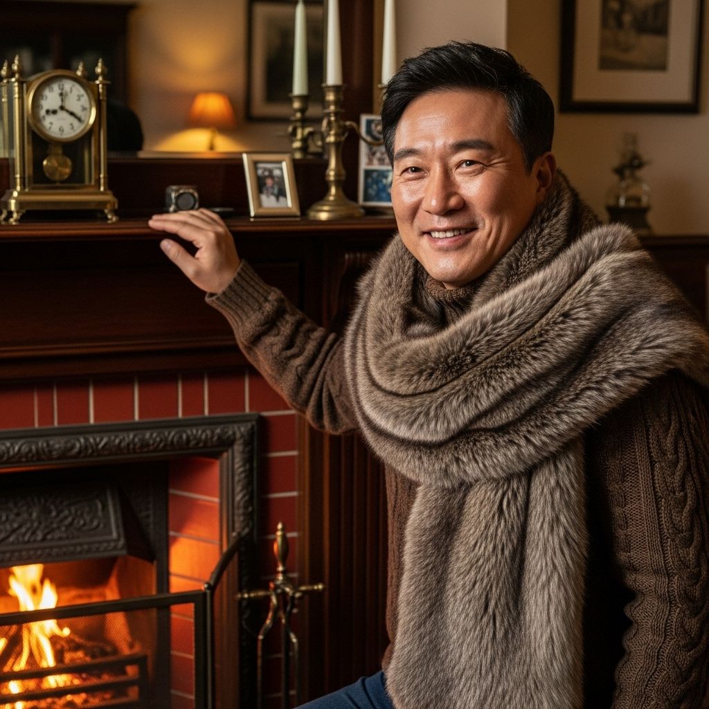 천안시 친환경 보일러 지원금, 벽난로 앞에서 포즈를 취하고 있는 목도리를 한 남성