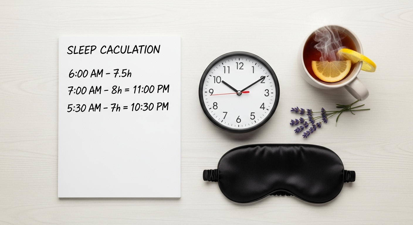 수면 주기 계산법을 설명하는 이미지. 노트에 기상 시간과 취침 시간이 계산되어 적혀 있다.