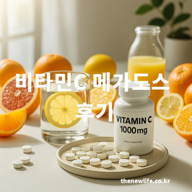 Vitamin C 1000mg bottle, white tablets, lemon water, and citrus fruits on a bright table – symbolizing long-term megadose use/비타민C 1000mg 보틀, 흰색 정제, 레몬 물, 다양한 감귤류 과일이 놓인 밝은 테이블 – 장기 메가도스 복용을 상징