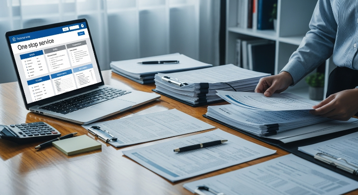 상속 재산 목록 작성을 위해 금융 및 재산 서류를 꼼꼼히 조사하는 모습.