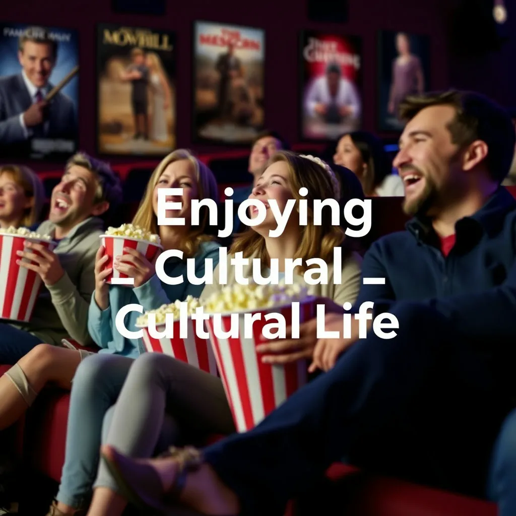 친구나 가족과 함께 영화관에서 팝콘을 들고 웃고 있는 모습, 또는 미술관이나 공연장에서 여유롭게 문화생활을 즐기는 모습입니다. 배경에 영화 포스터나 전시 작품을 흐리게 배치하고 '문화생활 즐기기' 문구를 추가합니다.