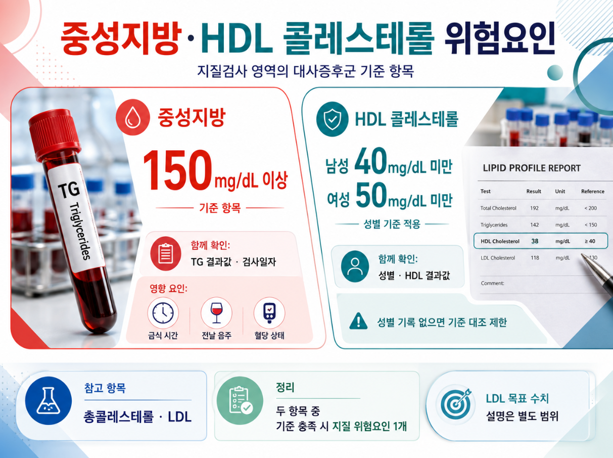 중성지방과 HDL 콜레스테롤의 대사증후군 지질 위험요인 기준을 설명한 인포그래픽