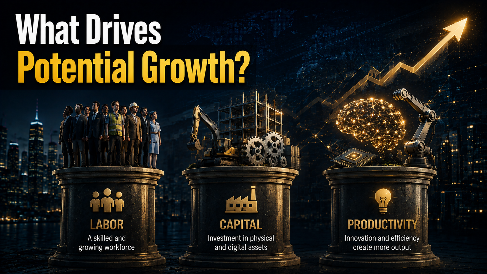 Three key drivers of potential growth: labor, capital investment, and productivity through innovation.