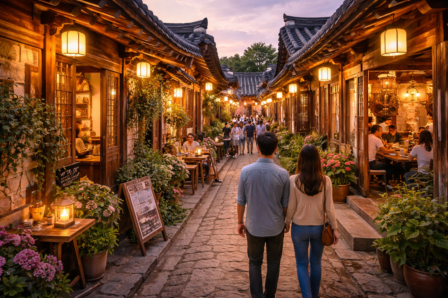 익선동의 골목은 낮보다 밤이 더 아름답습니다. 조용히 걷기 좋은 시간은 오후 7시 이후.