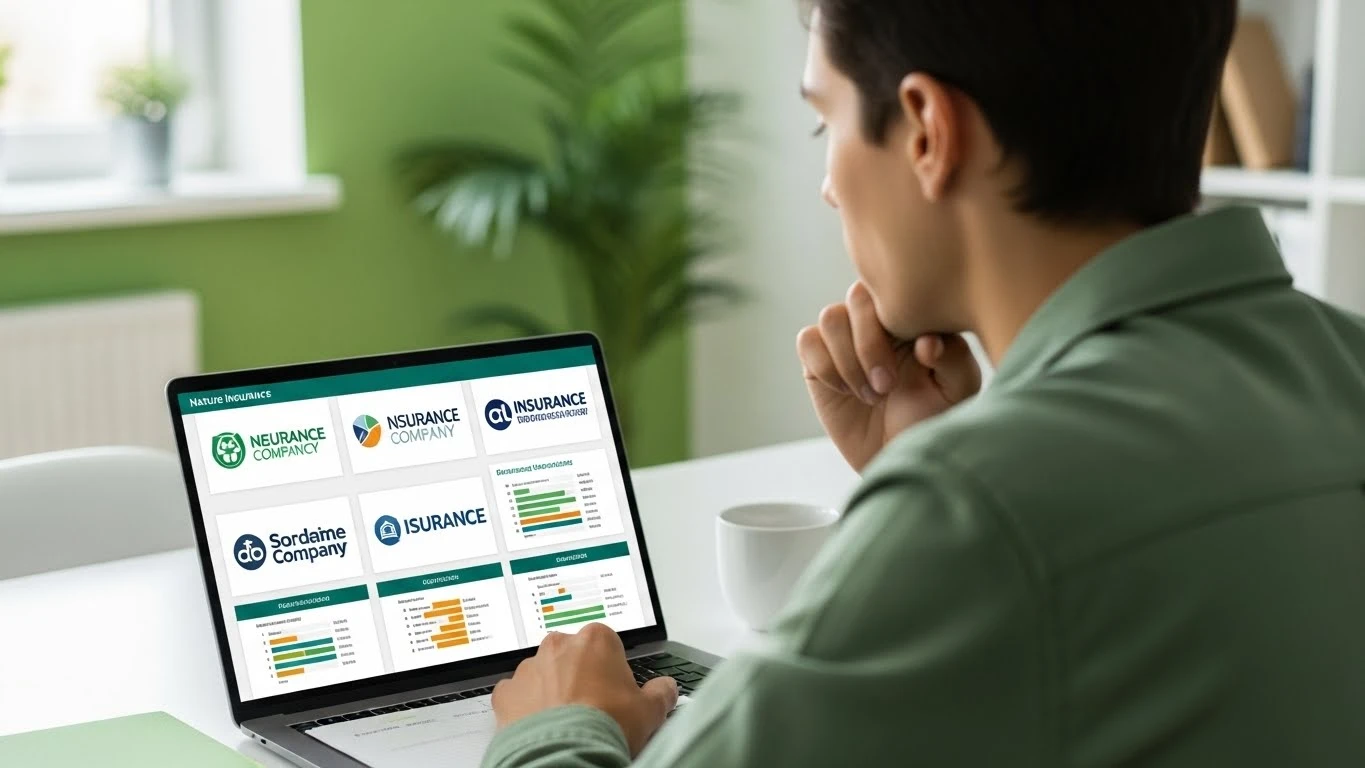 노트북으로 여러 보험사의 암보험 상품을 꼼꼼히 비교하는 사람의 모습