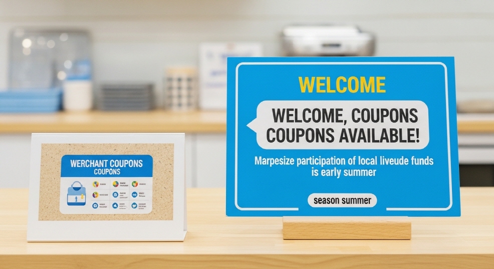 &lsquo;환영합니다&amp;#44; 쿠폰 사용 가능&rsquo; 팻말