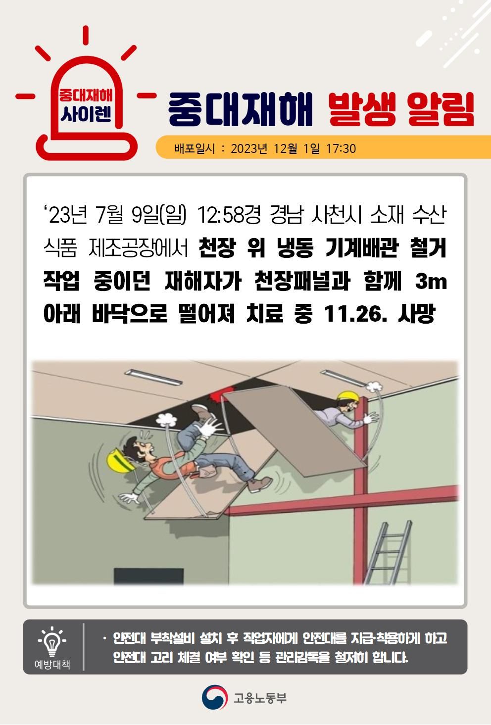 천장 위 냉동 기계배관 철거 작업 중 떨어짐(3m)