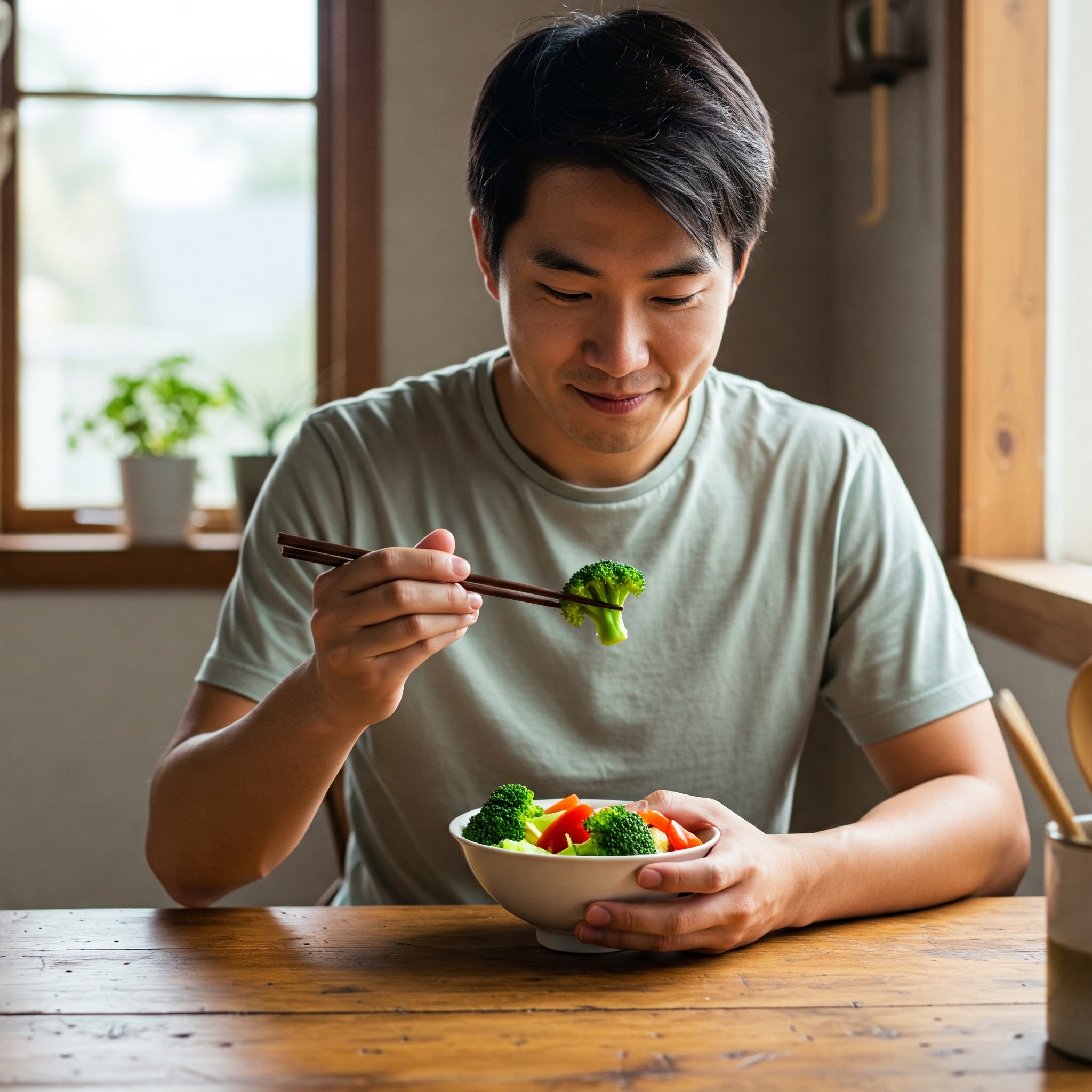 브로콜리를 집어든 남성