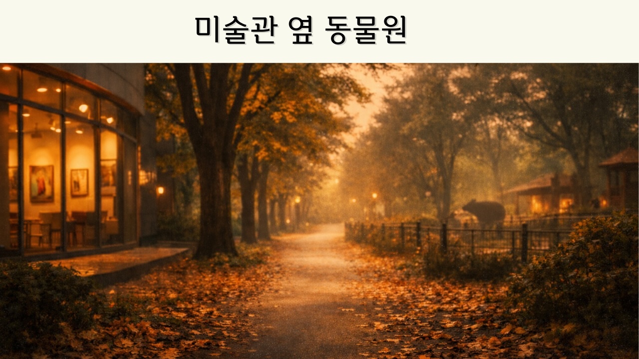 영화 미술관 옆 동물원 1998 리뷰 썸네일, 왼쪽의 따뜻한 조명이 켜진 미술관과 오른쪽의 동물원 울타리, 그 사이를 가로지르는 낙엽 쌓인 산책로 풍경