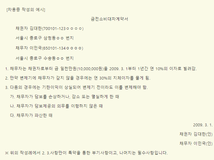 차용증 작성예시이미지