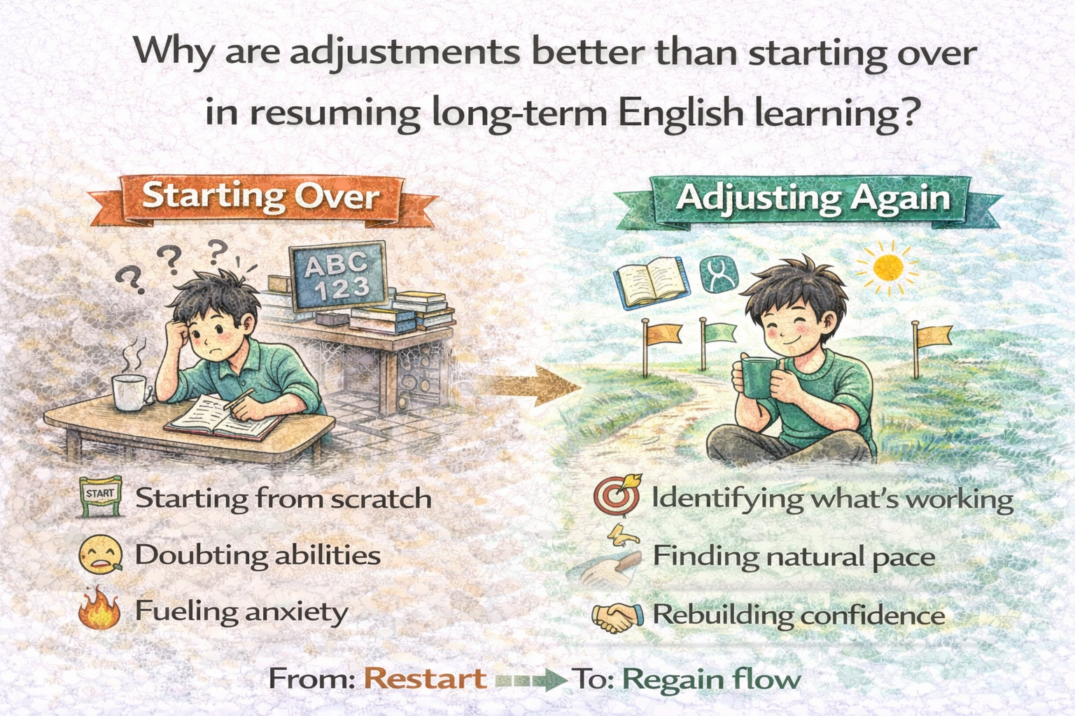 영어학습, 학습재개, TEFL, 장기학습, 학습전략, 영어교육, 자기주도학습, 학습구조, 영어말하기, 학습관리
