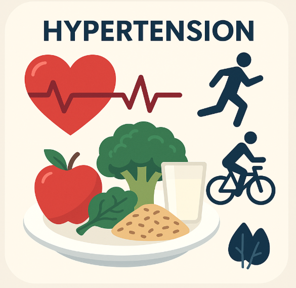 고혈압 관리의 핵심 요소인 심장 건강, DASH 식단, 유산소 운동을 시각화한 인포그래픽