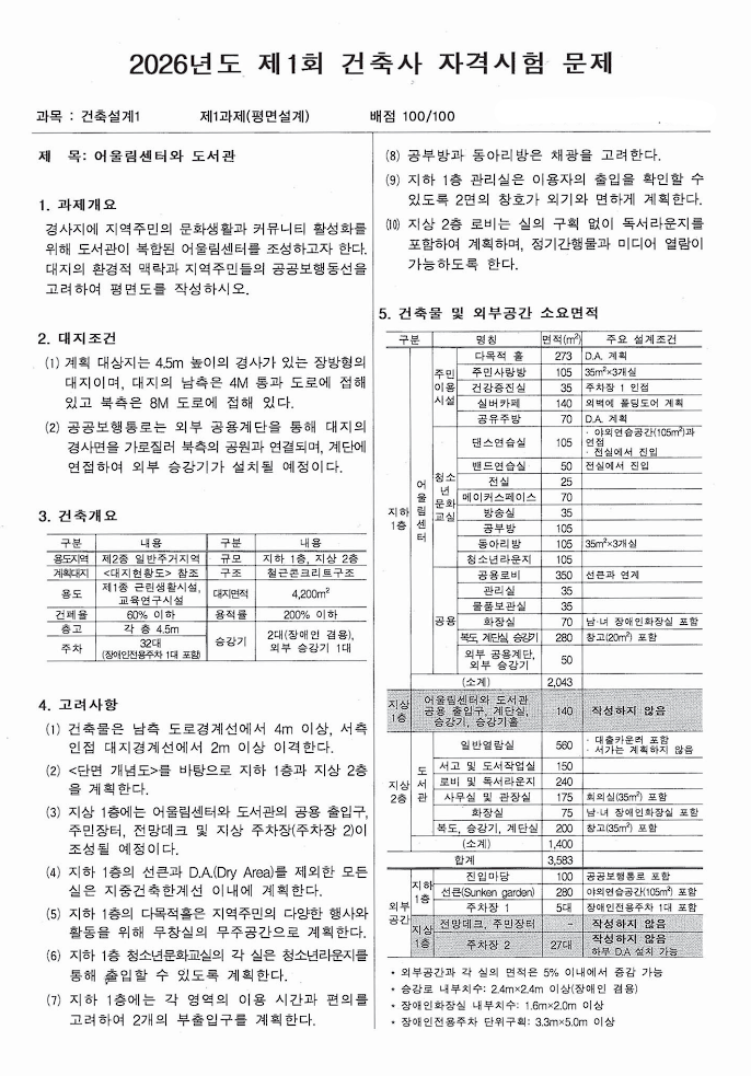 2026년 건축사 자격시험 - 2교시 평면설계 '어울림센터와 도서관' 분석