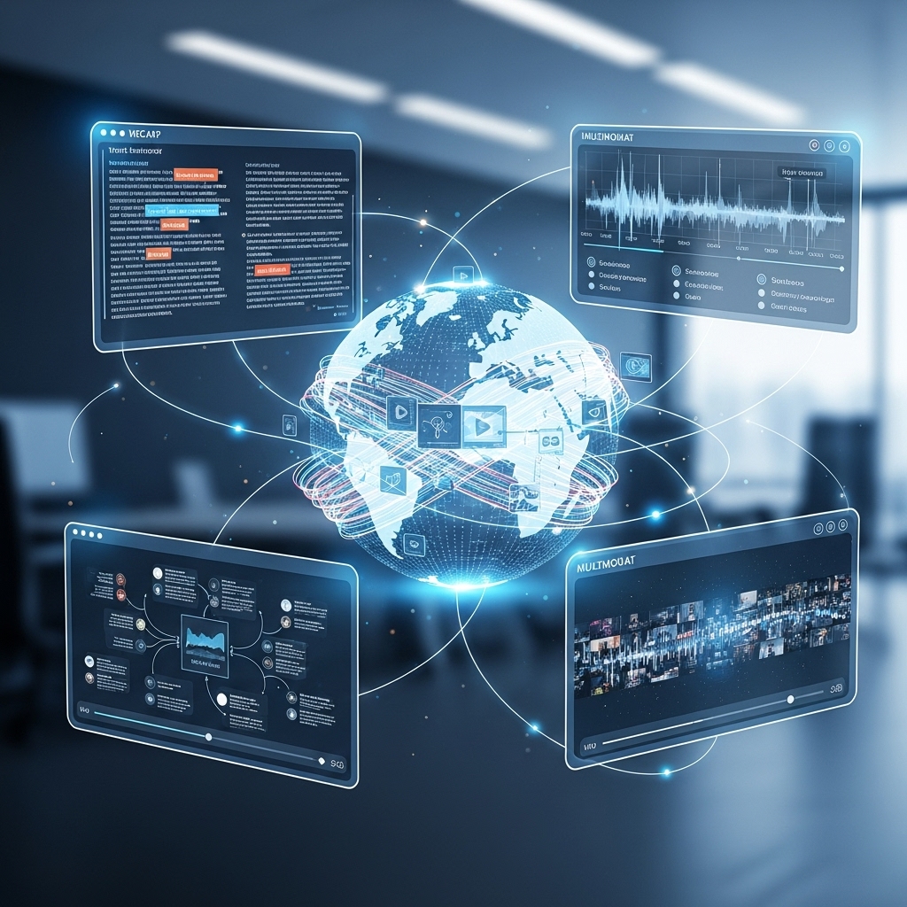 사용자가 다양한 형식의 콘텐츠를 통합적으로 경험하는 멀티모달 리캡 시스템을 시각화한 이미지.