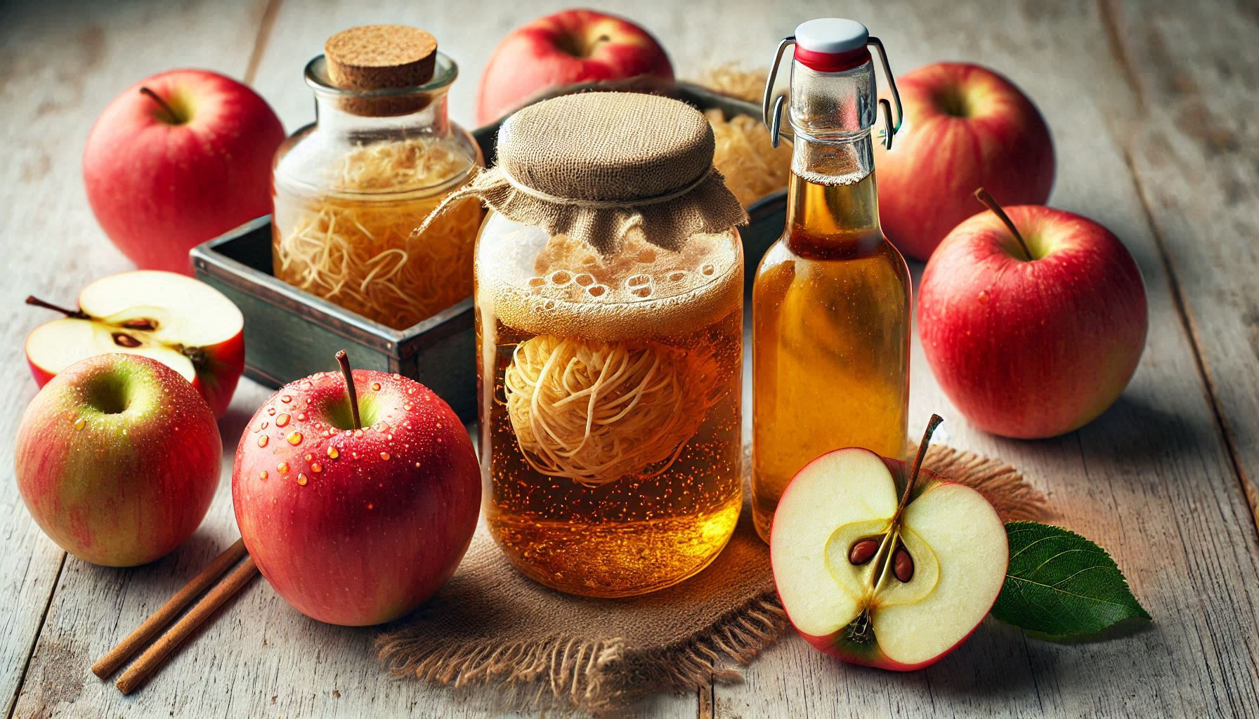 A professional food photography composition showing apple cider vinegar production process, featuring fresh red apples, a glass jar of fermenting golden-brown liquid with visible 'mother' strands floating inside, and a final bottle of clear amber-colored apple cider vinegar. Natural lighting, shallow depth of field, shot from above on a light wooden surface. High-resolution, photorealistic style with crisp details of the cloudy fermentation process.