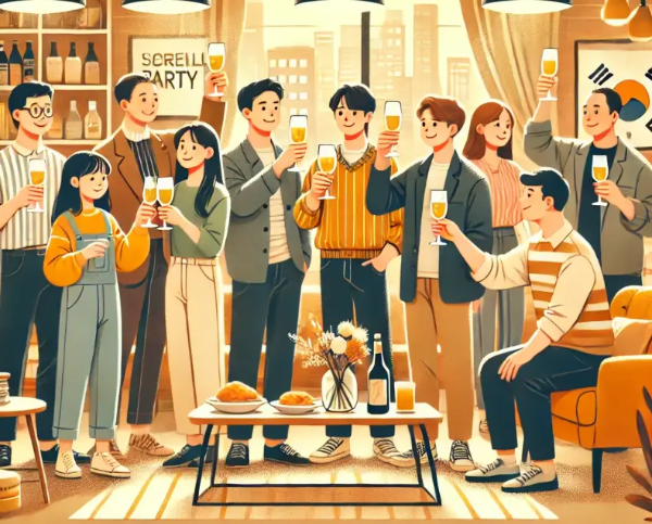 송별회-남녀-여러명-샴페인