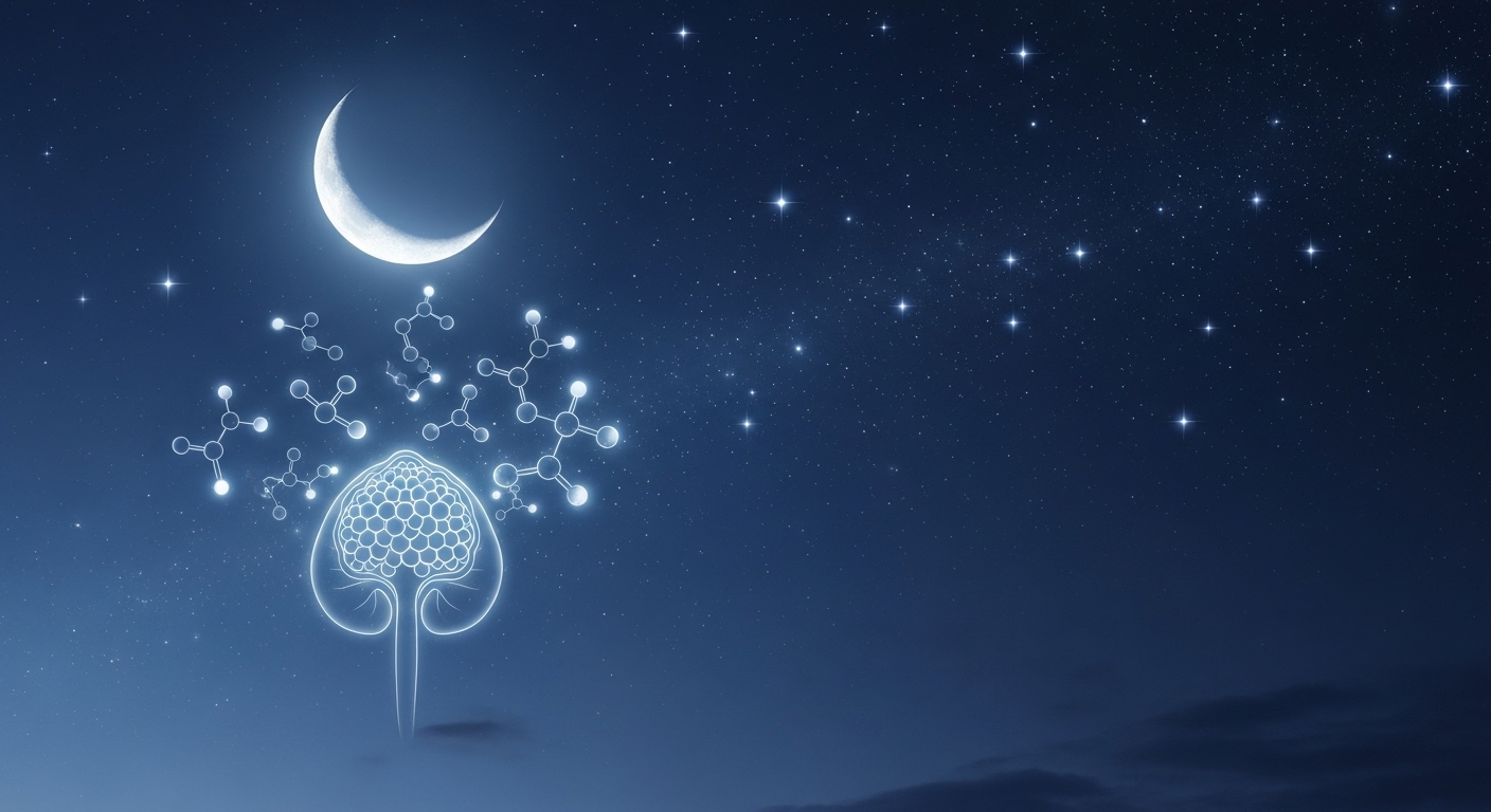 밤하늘과 뇌 속 멜라토닌 분자가 어우러져 수면 주기를 조절하는 멜라토닌의 역할을 상징하는 이미지