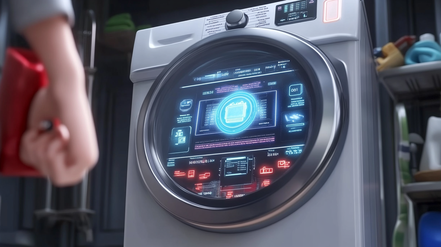 역동적인 AI 인터페이스와 밝게 빛나는 화면이 있는 작동 중인 삼성 세탁기의 화면, 세탁기 패널에 세부 라벨이 잘 표시됨