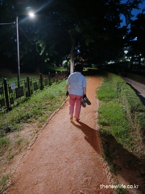 황토길 맨발 걷기가 고지혈증 관리와 콜레스테롤 개선에 도움이 되는 모습