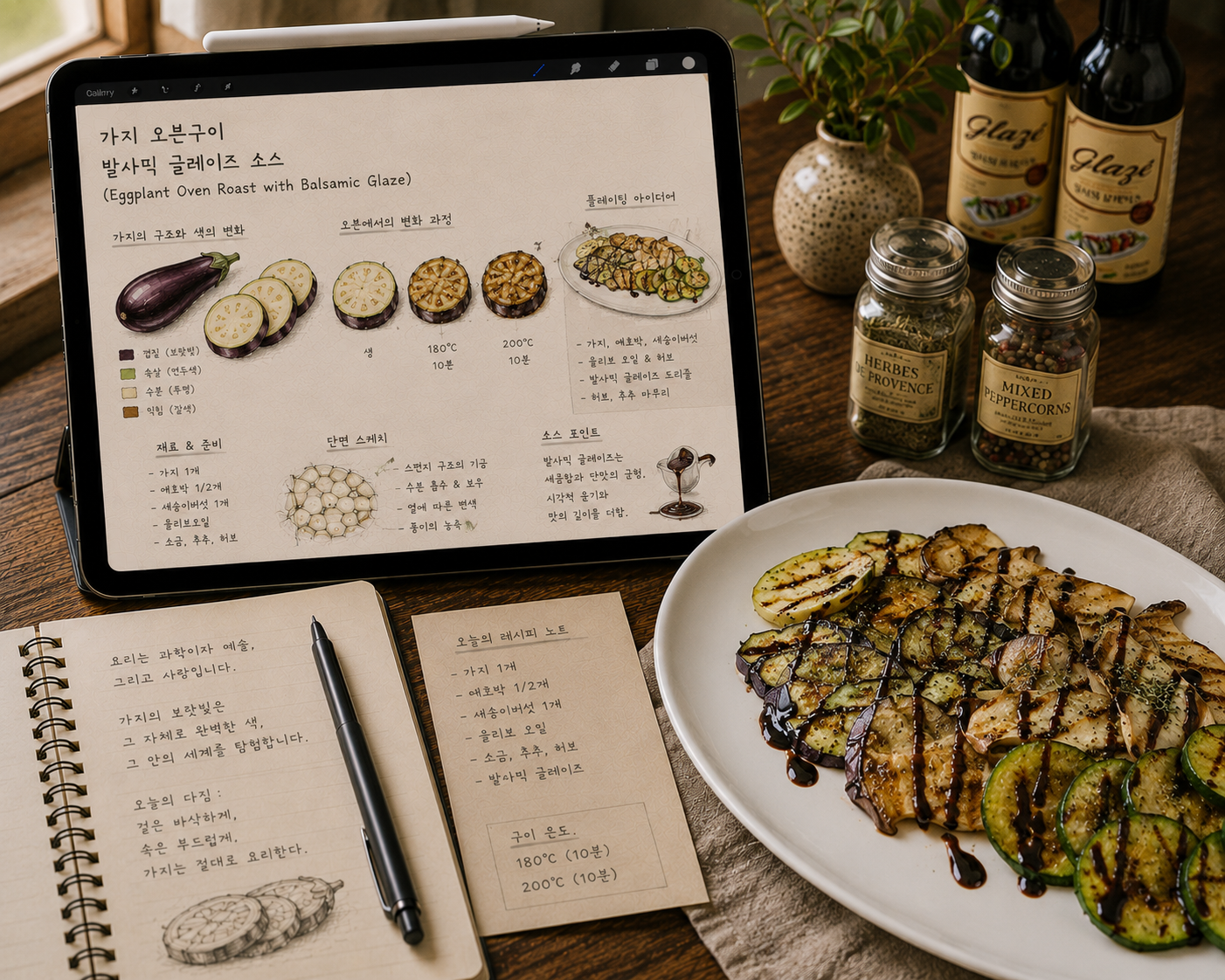 나무 테이블 위에 놓인 아이패드 화면에는 가지의 단면 구조와 180도에서 200도에 이르는 오븐 조리 과정에서의 색 변화, 발사믹 글레이즈 소스 포인트가 정교한 일러스트와 함께 정리되어 있다. 옆에 놓인 노트에는 요리에 대한 철학적 성찰이, 메모지에는 조리 온도와 재료 구성이 깔끔하게 적혀 있다. 그 옆 접시에는 노릇하게 구워진 가지와 애호박, 새송이버섯 위에 발사믹 글레이즈가 예술적으로 드리즐되어 있어, 요리 연구가의 과학적 분석과 감성적인 플레이팅이 완벽하게 조화를 이루는 다이닝 장면이다.