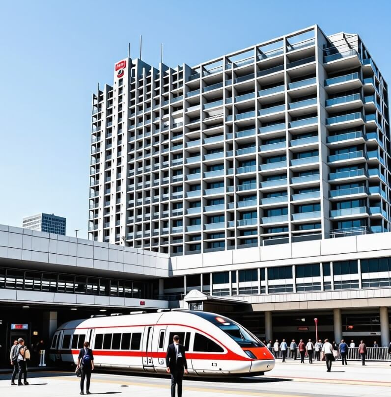 동탄역-기차와-뒤에-롯데캐슬-아파트가-있는-그림입니다.