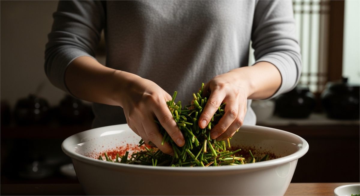 쪽파에 양념을 살살 묻히며 버무리는 장면