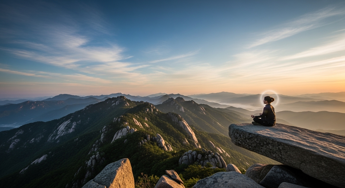 대둔산 마천대 정상에서 바라본 웅장한 산봉우리와 고요한 숲 전경, 한 사람이 바위에 앉아 명상하는 모습